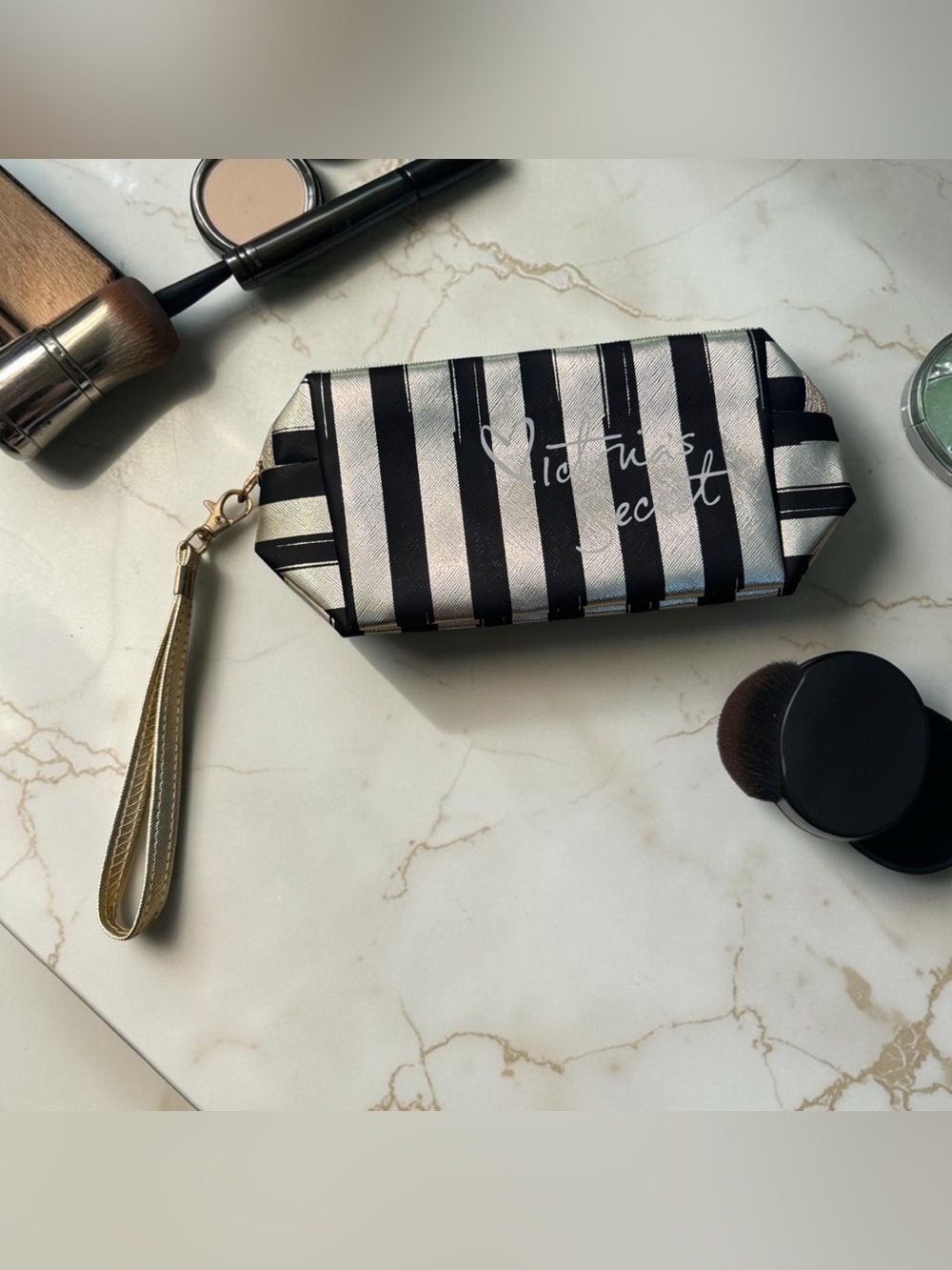 Victoria's Secret Black & Gold Striped Zip Makeup Bag Wristlet Strap NWOT